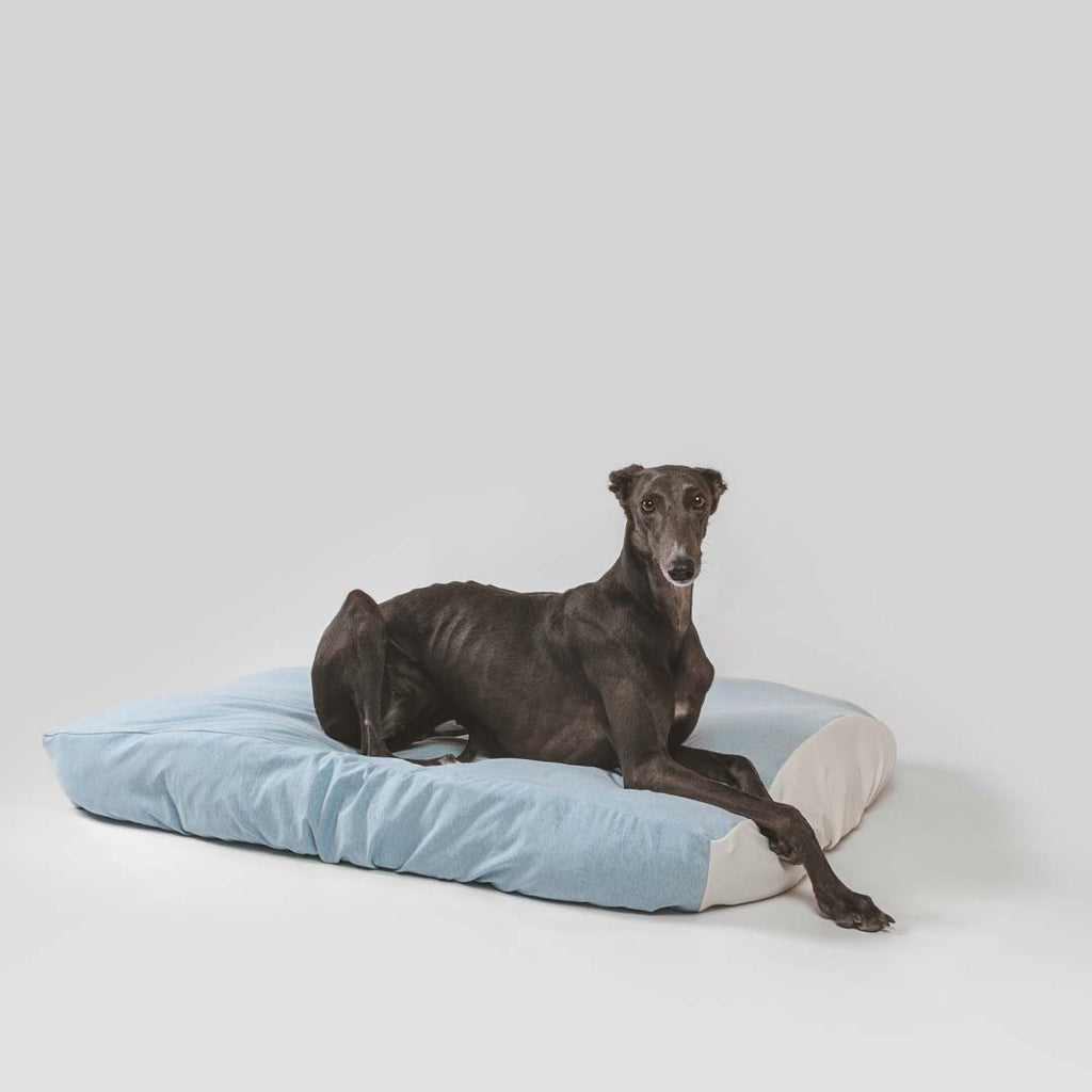 Greyhound dog laying on large sustainable dog bed sheet. Machine washable blue dog bed sheet with white accent.